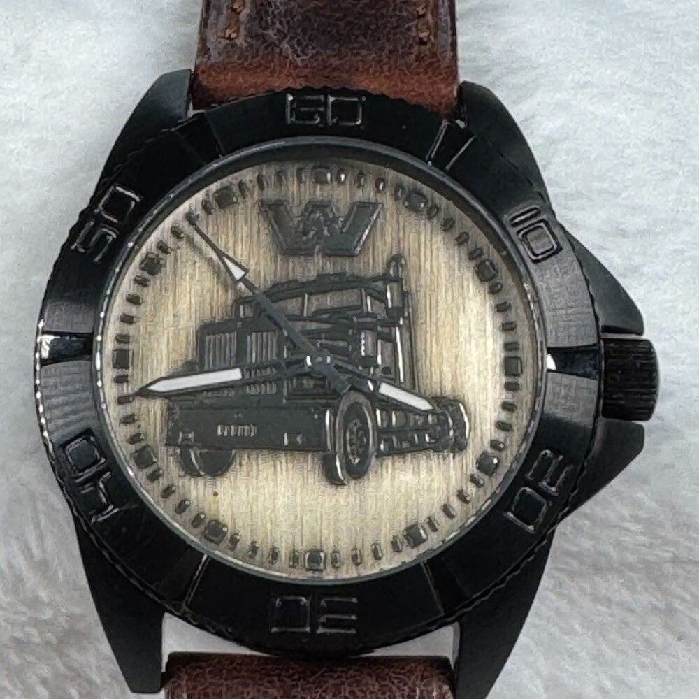 Vintage Semi Truck Graphic Mens Watch  Brown Leather Band New Battery